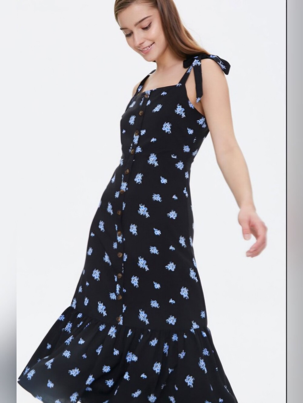 Forever 21 Black Midi Dress with Light Blue Floral Print and Tie Straps